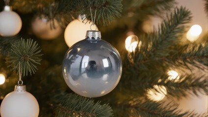 Christmas Tree Ornament - Silver Bauble Amidst Festive Lights.