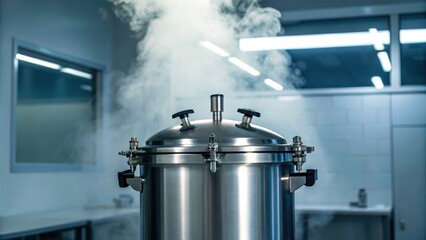 Shiny stainless steel autoclave steaming in a laboratory environment