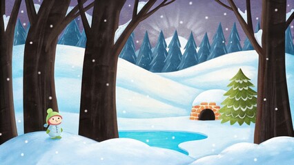 Winter landscape scene with snow falling by an igloo and pond
