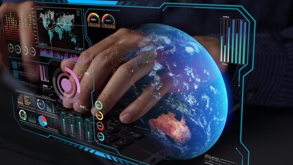 High-tech global network connection interface showing worldwide digital communication, data exchange, and internet connectivity. Global connection, data interaction, and worldwide communication. Thunk