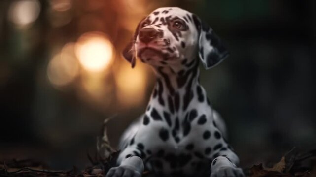 Dalmatian puppy portrait in natural light spotted coat detail forest background