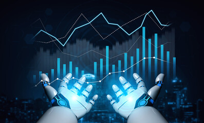 A striking digital illustration of robotic hands presenting vivid data visualizations with graphs and charts, showcasing advancements in technology and analytics. Scalp