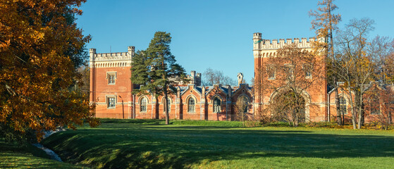 Panoramic autumn view of the historic Imperial Palace Stables in Alexandria Park, Peterhof, Russia,...