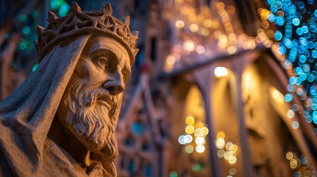 Catholic statues with the Sagrada Familia in Barcelona in the background with Christmas decorations at night