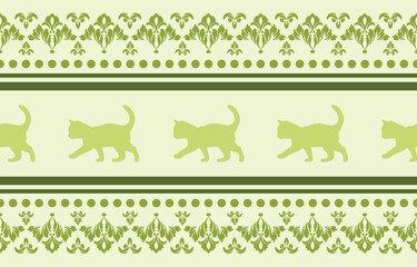 Vector seamless pattern with cat silhouettes and tribal geometric motifs. Monochrome design. Use this pattern for creating pet themed designs, textile prints, packaging, and more. Perfect for cat love