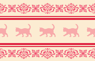 Vector seamless pattern with cat silhouettes and tribal geometric motifs. Monochrome design. Use this pattern for creating pet themed designs, textile prints, packaging, and more. Perfect for cat love