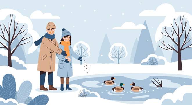 Couple feeding ducks by frozen pond in winter park for romantic outdoor activity and seasonal illustration