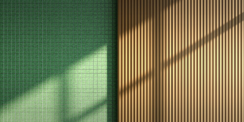 Modern Interior Wall Textures Background: Green Mosaic Tile Pattern and Vertical Wood Slats with Sunlight Shadows for Minimalist Decor, Architectural Renderings & Product Display Mockups, 3d render