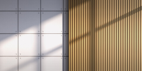 Modern Interior Wall Textures Background: Industrial Concrete Panels with Bolts and Vertical Wood Slats with Sunlight Shadows for Minimalist Decor, Architectural Renderings & Product Display Mockups