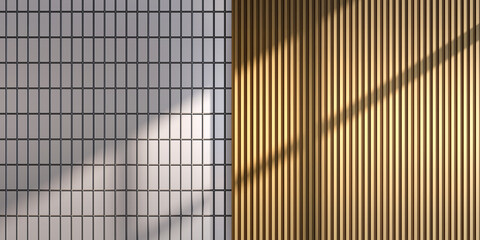 Modern Interior Wall Textures Background: Sleek Rectangular Tiles and Vertical Wood Slats with Sunlight Shadows for Minimalist Decor, Architectural Renderings & Product Display Mockups