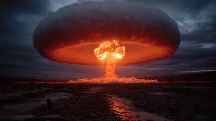 Nuclear explosion mushroom cloud glowing orange fireball and plume over desolate landscape dusk with dramatic stormy sky, blast devastation and apocalypse conveying intense light and ominous - Powered by Adobe
