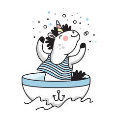 Cute unicorn with a balloons colored vector doodle illustration