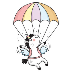 Cute parachuting unicorn colored vector doodle illustration