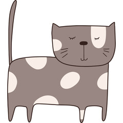 Cute gray and white spotted cartoon cat with closed eyes and tail standing on white background simple illustration