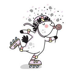 Cute unicorn on roller skates coloring vector doodle illustration