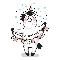 Cute unicorn with a Christmas garland vector illustration