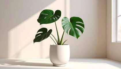 Elegant monstera plant with large green leaves, indoor decoration and tropical nature concept.