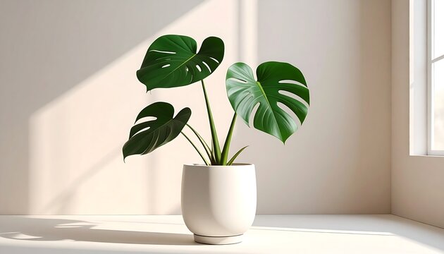 Elegant monstera plant with large green leaves, indoor decoration and tropical nature concept.