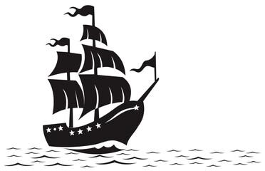 Pirate boat, Old Wooden Ship with Flying Flag. Vector of old sailing sails, traditional pirate ship symbol, striking vector illustration. Black silhouette.