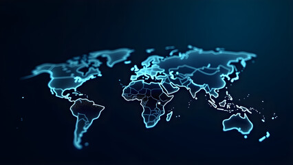 A high-tech, glowing world map in neon blue tones. Ideal for stories on global business, connectivity, and data networks, presentations, websites. illustrating worldwide relations and technology.