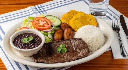 A plate of food with steak, rice, plantains, black beans, and salad on a striped tablecloth near cutlery