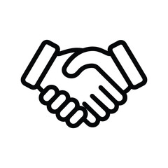 Two hands join together in a black line icon handshake on white background