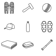 Cricket equipment collection featuring pads, bat, ball, and other accessories.