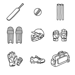 Cricket Equipment Line Art Illustration for Sports and Recreation.