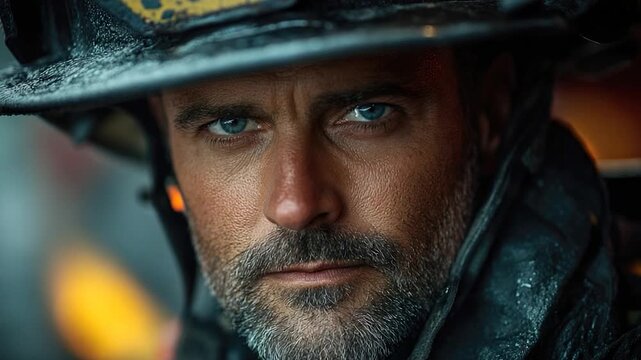 Close-up shot of a person wearing a fireman's hat, suitable for editorial or commercial use