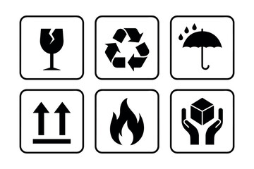package icons set, handle with care logistics and delivery shipping labels, fragile box, keep dry umbrella, flammable, this side up, recyclable, cargo warning vector signs