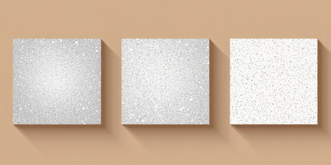 Three textured square tiles with subtle color gradients on a warm background, showcasing surface detail