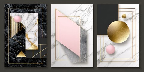 Three abstract panels feature marble textures, geometric shapes, gold accents, and soft colors in stylish arrangement