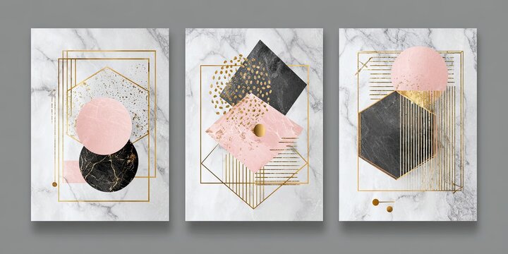 Three-panel abstract art with marble texture, geometric shapes, pink circles, gold lines - Powered by Adobe
