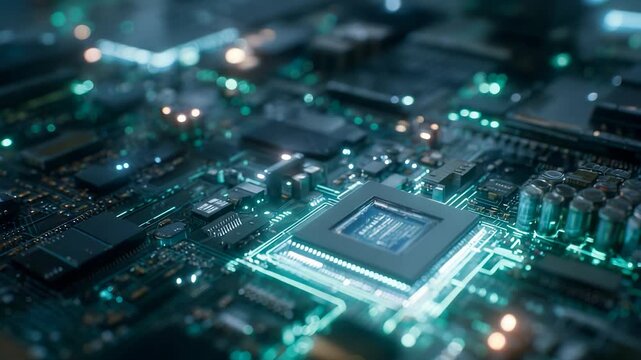 A detailed circuit board showcases a central processor surrounded by various electronic components. The circuit board is illuminated by soft blue lights, highlighting its intricate