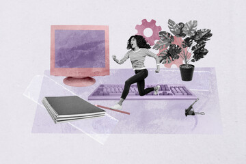 Art sketch image full 3d collage of happy businessman businesswoman stand computer keypad supplies...