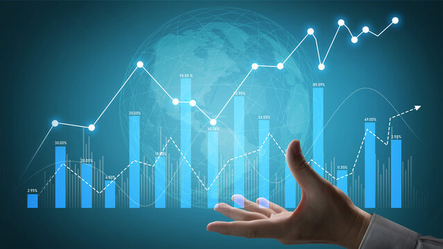 A hand reaches towards vibrant digital bar graphs and charts, symbolizing data analysis in business and finance with a global backdrop, conveying growth potential and insights. Scalp - Powered by Adobe