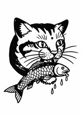 Fototapeta premium Black & White Folk Art, Cat Head Biting Fish, Dripping, Traditional Tattoo Style