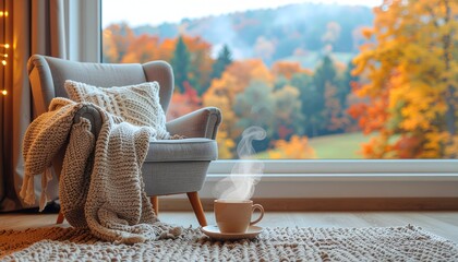 Cozy Autumn Scene Relaxing with Hot Drink and Fall Foliage