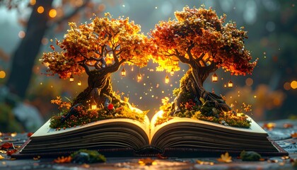 Magical Autumn Forest Book Scene With Glowing Trees and Lanterns