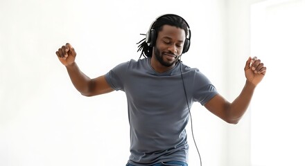 Man with dreadlocks wearing headphones and a gray shirt dancing against a white background happily