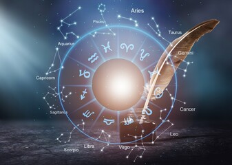 Open book, astrological signs against dark background