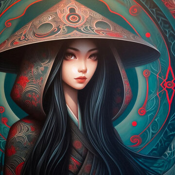 Fantasy for inspiration. Enigmatic woman in intricately patterned Asian conical hat digital painting.