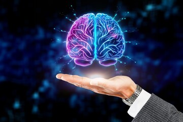 A hand hold human brain, power of the mind.