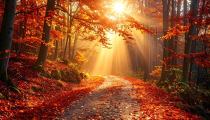 Golden Autumn Forest Trail with Sunlight Shining Through Trees