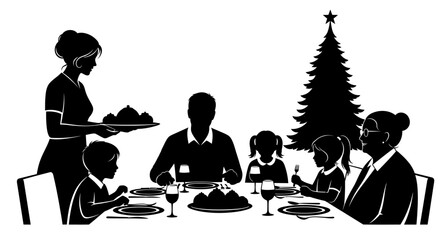 A silhouette illustration captures a multi-generational family enjoying a festive Christmas dinner together, celebrating the holiday season with food and warmth.