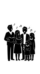 This striking black-and-white silhouette depicts a multi-generational group, including adults and children, harmoniously singing Christmas carols with festive cheer.