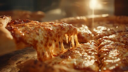The delicious pizza slice is being pulled away, revealing gooey cheese stretching from the warm crust. This pizza with melted cheese and golden crust creates a tempting visual feas