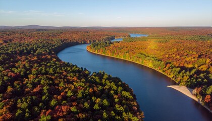 Aerial View of a Lake in Autumn Forest Landscape