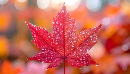 Red Maple Leaf with Water Droplets Macro Photography