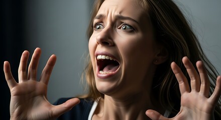 Woman with open mouth and hands raised in a defensive gesture expressing fear and shock on her face